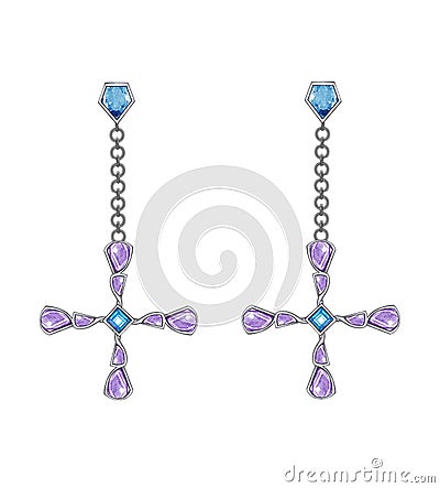 Jewelry design fancy gems cross earrings. Stock Photo