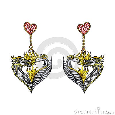 Swan and dragon couple heart earrings. Stock Photo