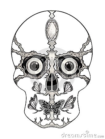 Art Surreal Fantasy Skull Tattoo. Stock Photo
