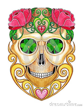 Art Vintage Heart mix Skull Day of the dead. Stock Photo