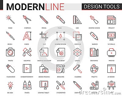 Art design tool flat thin red black line icons vector illustration set, outline professional creative artistic studio Vector Illustration