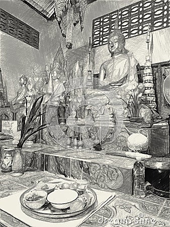 Drawing black and white of group buddha statue in public temple at Thailand Stock Photo