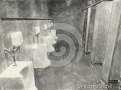 Drawing black and white of urinals in toilet room Stock Photo