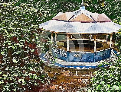 Drawing color of abandoned pavilion in forest Stock Photo