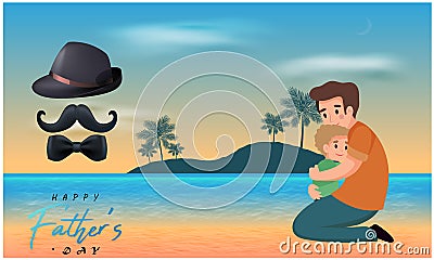 Son and father love and affection on beach side during father day Vector Illustration