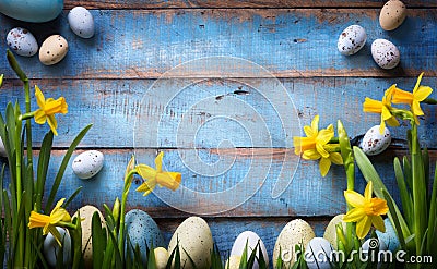 Art easter Background with easter eggs and spring flowers Stock Photo