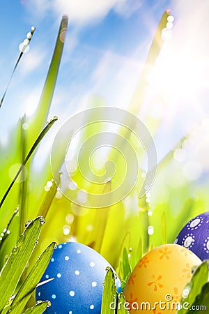 Art Easter eggs decorated in the grass Stock Photo