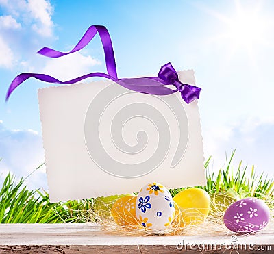 Art Easter greeting card with Easter eggs Stock Photo