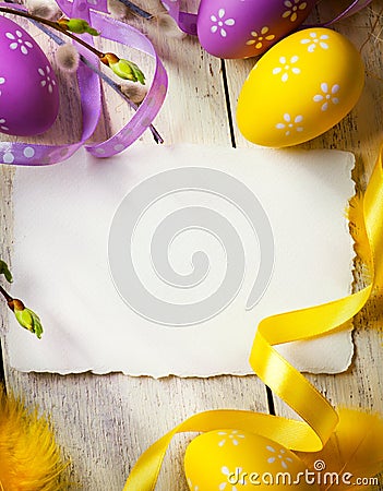 Art Easter greeting card with Easter eggs Stock Photo