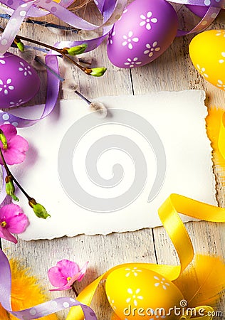 Art Easter greeting card with Easter eggs Stock Photo