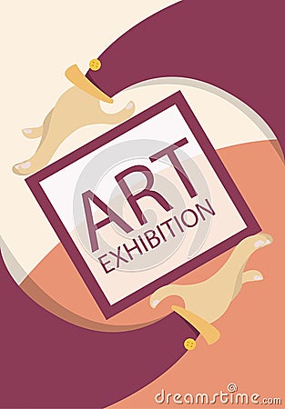 Art exhibition concept . Cartoon hands with frame. Colourful flat poster. Vector Stock Photo