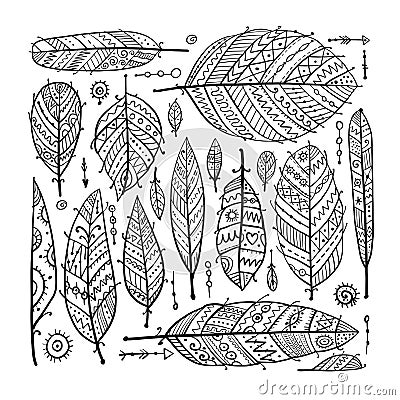 Art feathers collection, ornate sketch for your design Vector Illustration