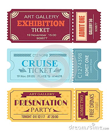 Art Gallery Exhibition Ticket, Cruise Coupon Set Vector Illustration