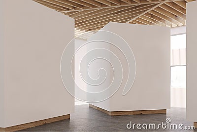 Art gallery gray floor, wooden ceiling, side Stock Photo