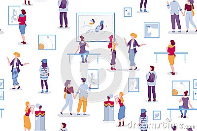 Art gallery seamless pattern with visitors looking at paintings vector flat illustration. People at the exhibition Vector Illustration