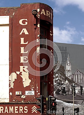 Art gallery sign and mural on Glasgow High Street, Scotland Editorial Stock Photo