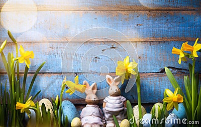 Art Happy Easter Day; family Easter bunny and Easter eggs Stock Photo