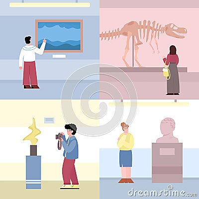 Art and history museum visitors look at exhibition, flat vector illustration. Vector Illustration