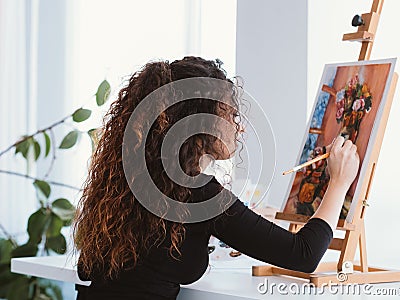 Art hobby talented lady still life painting home Stock Photo
