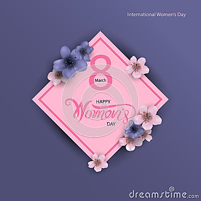 8 March sign and Abstract Pink Floral Greeting card.International Happy Women`s Day. Vector Illustration