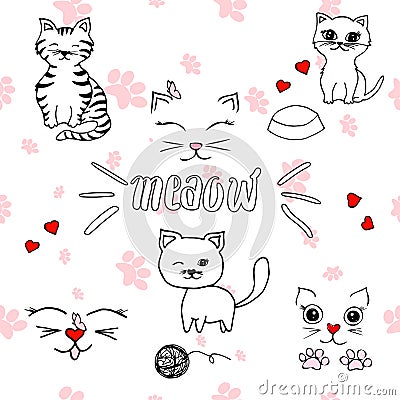 Cute and simple vector illustration of cats and kitten doodle icons, hand drawn cartoon cats set Vector Illustration