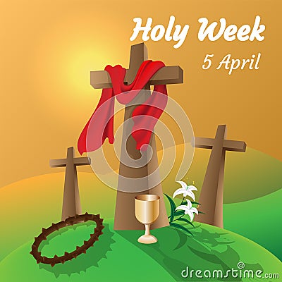 Holy week catholic tradition. Cross and crown of thorns Vector Illustration