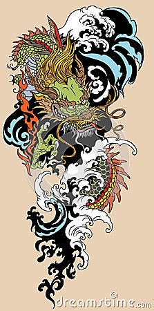 Chinese or East Asian dragon with water waves Vector Illustration