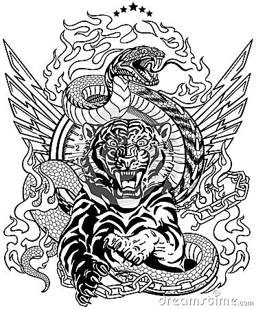 Tiger and snake. Road design. Black and white Vector Illustration