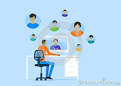 Business smart working online with remote working technology and a man meeting from home Vector Illustration