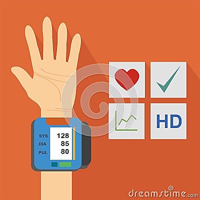 Heart Rate Check Device. Wrist Blood Pressure Monitor. Systolic and Diastolic Measurement. Medical Equipment. Flat Vector. Vector Illustration