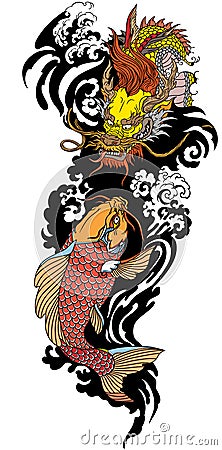 Golden East Asian dragon and koi carp. Tattoo Vector Illustration