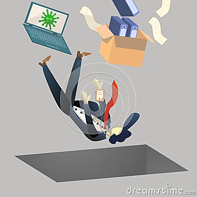 Dismissed businessman. Unhappy male employee after dismissal. Box, Laptop and papers and fired office worker. Financial crisis and Vector Illustration