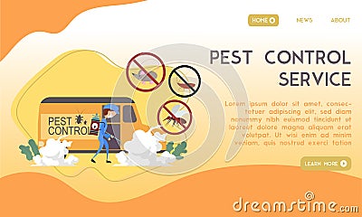 Design introduction of pest control with office cars and men spraying pesticides to kill pests, mice, cockroaches, mosquitoes Vector Illustration