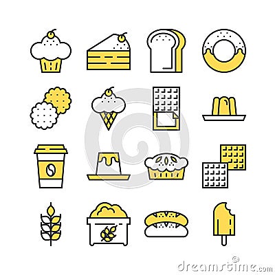 Bakery, coffeshop, sweet, dessert yellow colored icon set Cartoon Illustration
