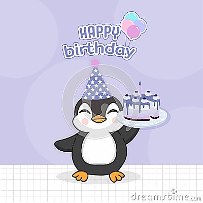 Cute Penguin holds a birthday cake. Happy Birthday Greeting Card. Vector Illustration