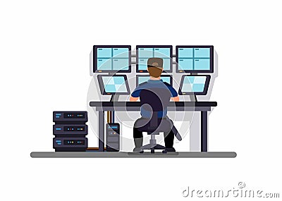 Security in Control CCTV Room, Building Security Guard Sitting and Watching Camera Monitor from back view. Concept Cartoon Flat il Vector Illustration