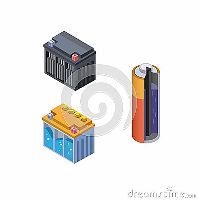 Battery Inside view in Dry Cell, Accu Wet and Dry Collection Icon Set. Concept in Isometric Cartoon Vector in white background Vector Illustration