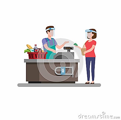 Cashier Groceries Store wear Face Shield, Woman Shopping Activities in New Normal After Concept in flat illustration Vector Vector Illustration