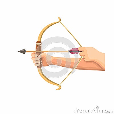 Bow Arrow Aiming Ready to Shooting Target. Traditional Wooden Bow Archery sport in Cartoon illustration Vector Vector Illustration