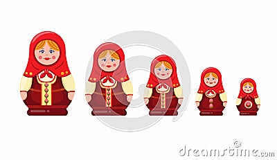 Matryoshka or Babushka nesting doll, handmade wooden souvenir toy traditional from russian icon symbol set in cartoon flat illustr Vector Illustration