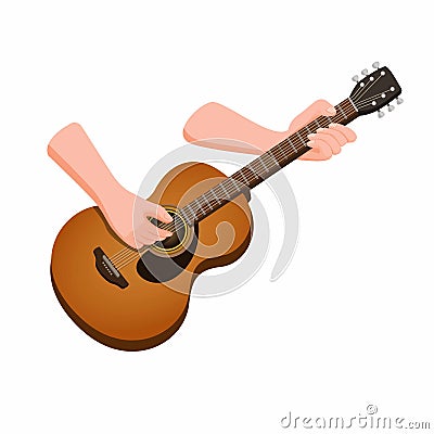 Hand holding acoustic guitar. wooden classic guitar music instrument in cartoon illustration vector on white background Vector Illustration