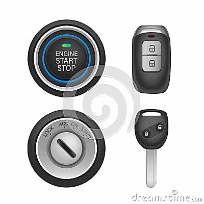 Keyless and keyhole car with remote key icon set. Start stop engine button symbol in realistic illustration vector on white backgr Vector Illustration