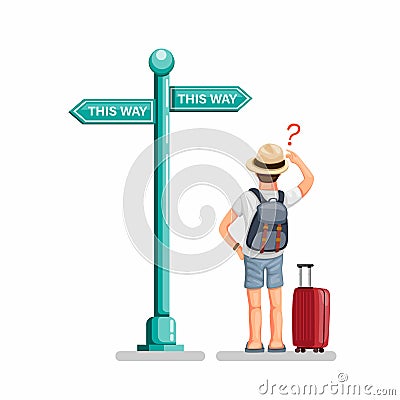 Backpacker guy standing front road sign board in street confusing choose way. tourist travel guide symbol set concept in cartoon i Vector Illustration