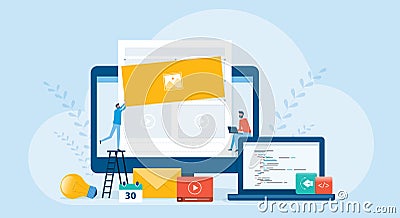 Flat illustration business team working and web develop and web design build website Vector Illustration