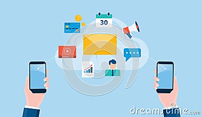 Flat illustration business email marketing content connection and social media technology for business connection Vector Illustration