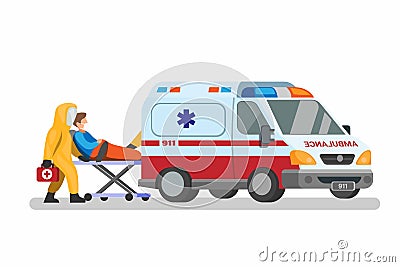 Ambulance 911. emergency car with doctor wear hazmat suit carrying patient to hospital concept in cartoon illustration vector isol Vector Illustration