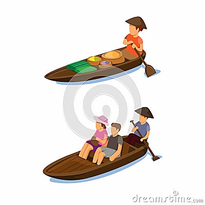 Floating market traditional. woman selling food and tourist transport in boat symbol concept in cartoon illustration vector on whi Vector Illustration