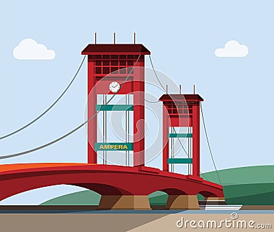 AMPERA Bridge in South Sumatra Indonesia. famous landmark building landscape concept in cartoon illustration vector Vector Illustration