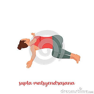 Supta Matsyendrasana yoga pose Reclined Spinal Twist pose Stock Photo