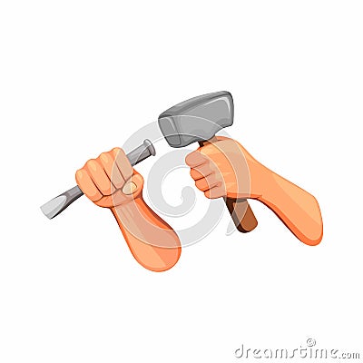 Hand holding hammer and chisel concept in cartoon illustration vector isolated on white background Vector Illustration